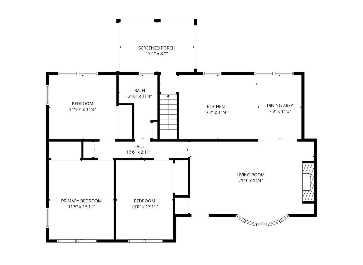 Main level floor plan: three bedrooms, bath, hall, kitchen, dining area, living room and porch