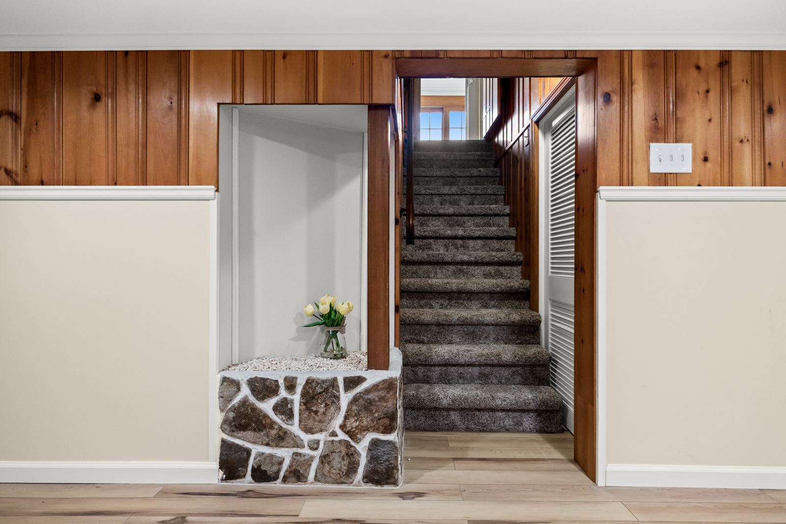 Stairs down from the kitchen